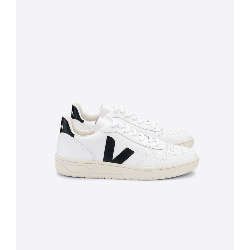 White/Black Men\'s Veja V-10 LEATHER Sneakers | AU 337FDN